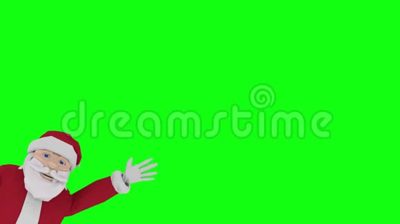 一个卡通圣诞老人从镜框左边的屏幕后面偷看出来对着镜头挥动绿色视频的预览图