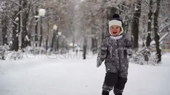 冬天两岁的男孩在公园散步视频的预览图