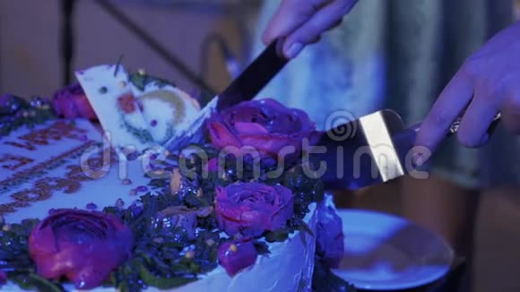 在庆祝活动中女人用刀切着粉红色玫瑰的大蛋糕紫色灯光视频的预览图