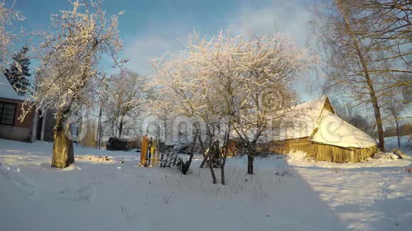 阳光明媚的冬日里的老谷仓时间流逝4K视频的预览图