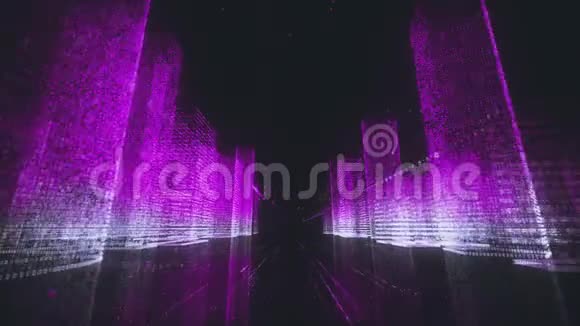 现代数字城市中心明亮的霓虹灯线架摩天大楼由黑色的紫色和白色符号组成视频的预览图
