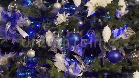 圣诞树上装饰着明亮的蓝色花环和玩具用蓝色玩具装饰的杉树一棵漂亮的大冷杉视频的预览图