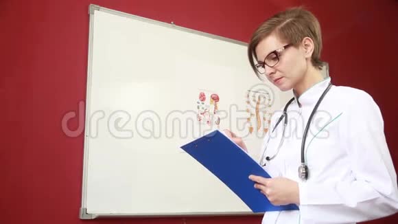 医生填了纸穿着白色外套有听诊器的女孩在平板电脑上写字视频的预览图