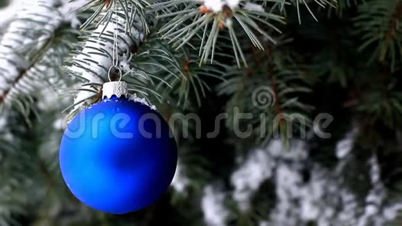 蓝色圣诞球挂在蓝色云杉枝上视频的预览图