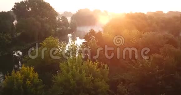 黎明时分河和草地被雾覆盖的空中景色乌克兰视频的预览图