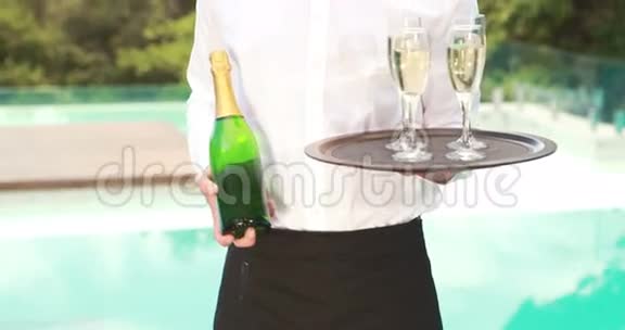 微笑的侍者拿着香槟瓶和长笛视频的预览图