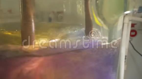 化学实验室化学反应的科学家玻璃烧瓶中的化学反应实验室工作人员做化学视频的预览图