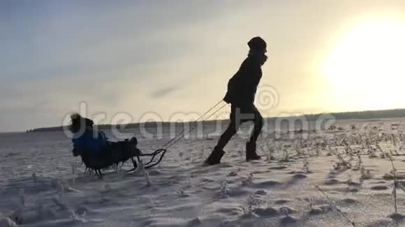 坐雪橇的小男孩妈妈哄着他可爱的孩子家庭冬季户外活动幸福的家庭视频的预览图