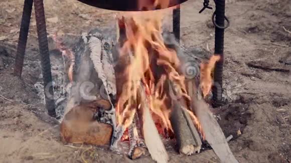 篝火在大锅下燃烧视频的预览图