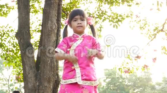 小亚洲女孩在公园里玩视频的预览图