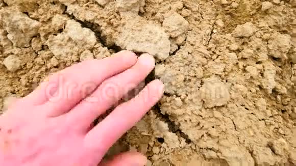 粉红色的皮肤手在田野里寻找潮湿的棕色粘土温柔的风带走了手掌的灰尘手指间的灰尘视频的预览图