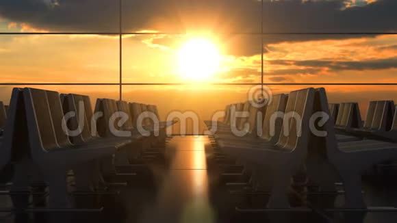 空的机场出发厅与风景秀丽的日落交织在一起视频的预览图