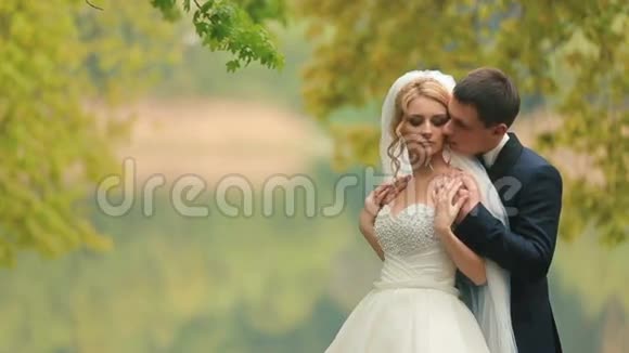 新婚夫妇快乐新郎新娘拥抱在秋天的森林里爱的时刻视频的预览图
