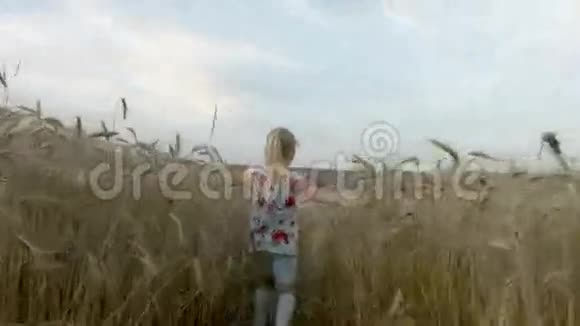 小女孩跑在橙色的晚麦前视频的预览图
