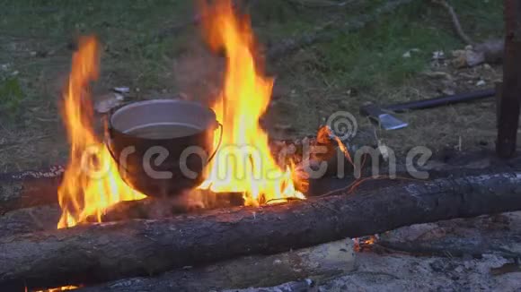 晚上在森林篝火上用大锅做饭视频的预览图