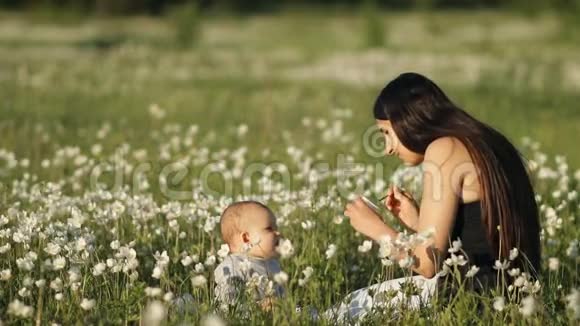 一位年轻快乐的母亲的缓慢动作喂养她的孩子她坐在公园的花田中间视频的预览图
