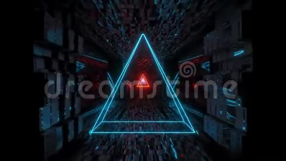 发光线框三角形与技术反光隧道走廊三维插图运动背景活壁纸视频的预览图