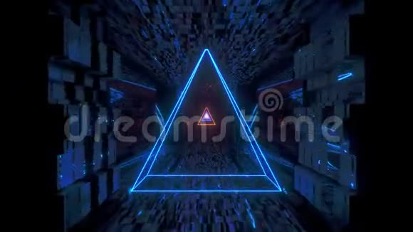 发光线框三角形与技术反光隧道走廊三维插图运动背景活壁纸视频的预览图