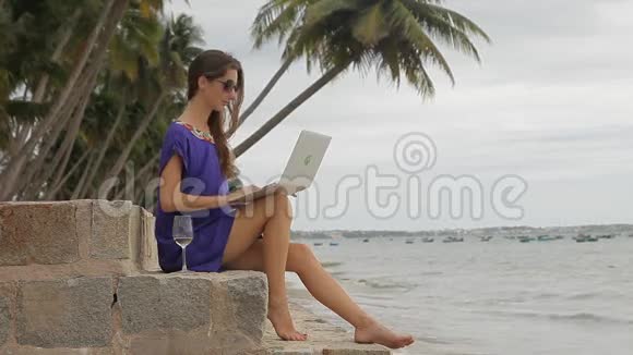 年轻漂亮的女人在海边用笔记本电脑工作放松视频的预览图