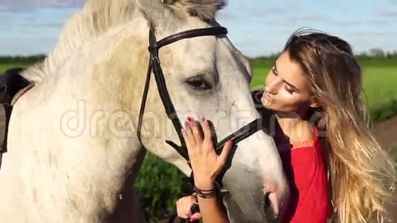 年轻漂亮的女人在田野附近用白色的马着红色的树视频的预览图
