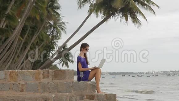 年轻漂亮的女人在海边用笔记本电脑工作放松视频的预览图