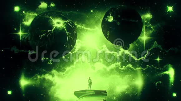 带有星云和星环运动背景的绿色科幻空间行星视频的预览图