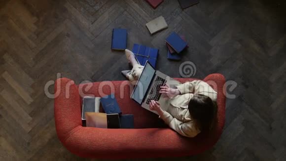 情绪化的年轻女人在沙发上用现代笔记本电脑发短信开心地笑着被地板上的许多书包围着视频的预览图