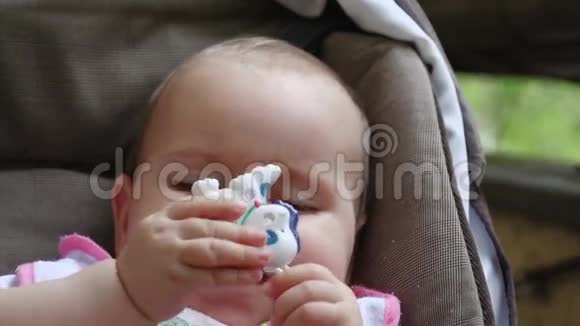 小女孩咀嚼她的玩具01视频的预览图