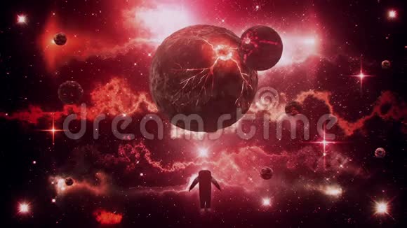 带有星云和宇航员循环背景的红色科幻空间飞行器视频的预览图
