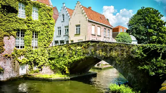 城市景观与老桥和典型的佛兰芒住宅布鲁日比利时视频的预览图