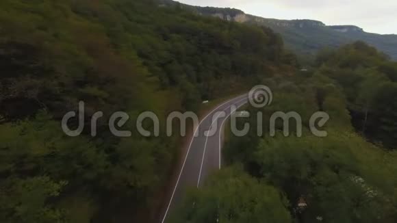 在一条乡村景观道路上飞行跟随一辆车行驶在上面上面有郁郁葱葱的绿叶农田空中射击视频的预览图