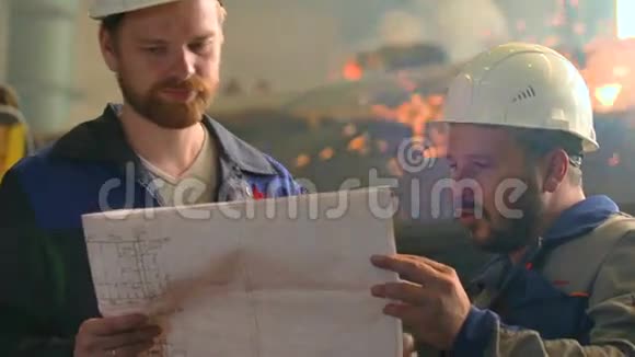 两位严肃工程师在重工业工厂探索项目的肖像焊接背景视频的预览图
