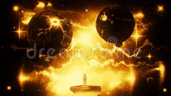 带有星云和星环运动背景的金色科幻空间行星视频的预览图