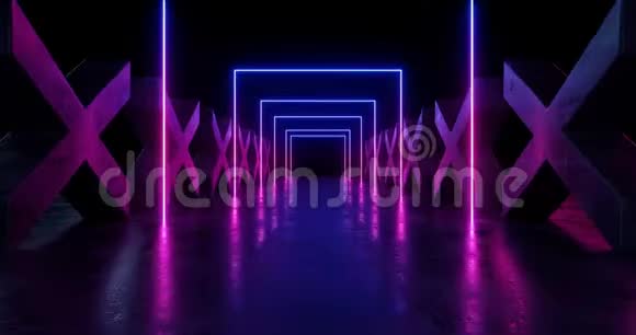滑动运动相机蓝紫色螺旋霓虹灯发光激光表演舞台十字形沥青水泥跑道混凝土柱空视频的预览图
