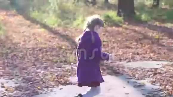 小女孩秋天在公园里跑步视频的预览图