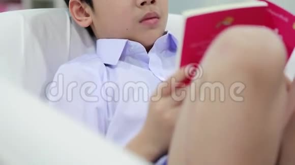 沙发床上的亚洲男孩读书视频的预览图