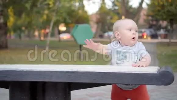 小男孩学着沿着长凳走在公园里户外活动视频的预览图