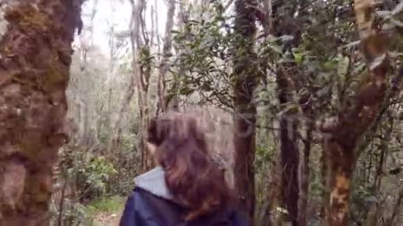 跟随女游客背着背包在热带潮湿的森林里散步穿着雨衣的小女孩在树林里视频的预览图