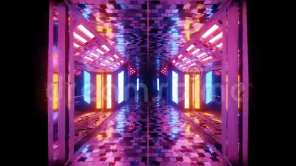 未来主义科幻飞机库隧道走廊与布洛克图文和不错的反射三维插图运动背景现场视频的预览图
