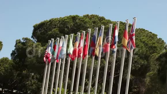 彩旗在蓝天上摇曳许多彩旗在风中摇曳视频的预览图