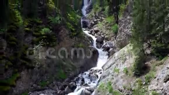 云杉林高瀑布空中视频吉尔吉斯斯坦视频的预览图