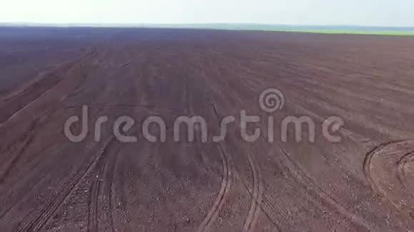鸟瞰田野肥沃的土壤绿色的曙光春日快速的移动视频的预览图