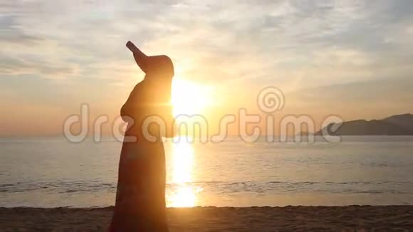 欣赏海上日出景色的少女剪影视频的预览图