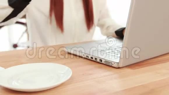 红头发的嬉皮士用笔记本电脑视频的预览图