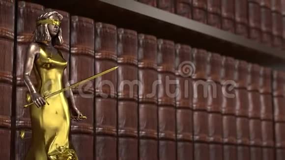 正义女神站在台座上忒弥斯手里拿着天平和剑的女人3d渲染视频的预览图