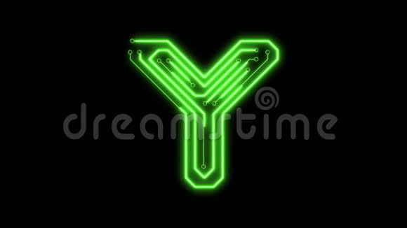 动画绿色霓虹灯发光字母字母Y作为电路板风格视频的预览图
