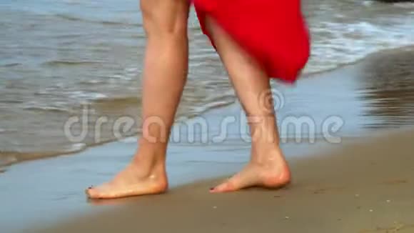 双腿合拢普夸克岛沙子上的腿痕女人的脚和腿在沙滩上行走视频的预览图