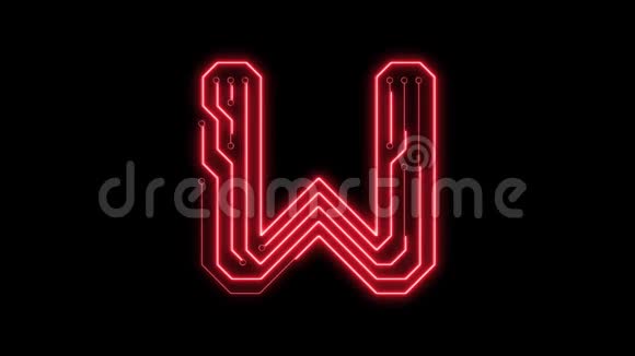 动画红色霓虹灯发光字母W作为电路板风格视频的预览图