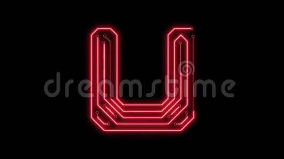 动画红色霓虹灯发光字母U作为电路板风格视频的预览图