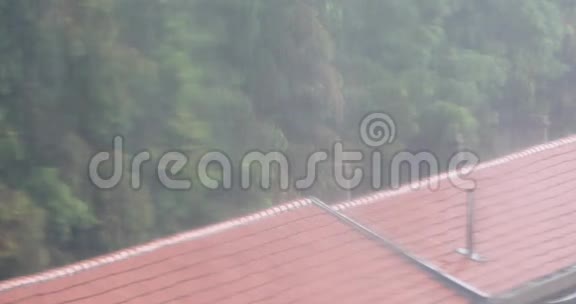 窗户雨滴红色屋顶和摇曳的树视频的预览图